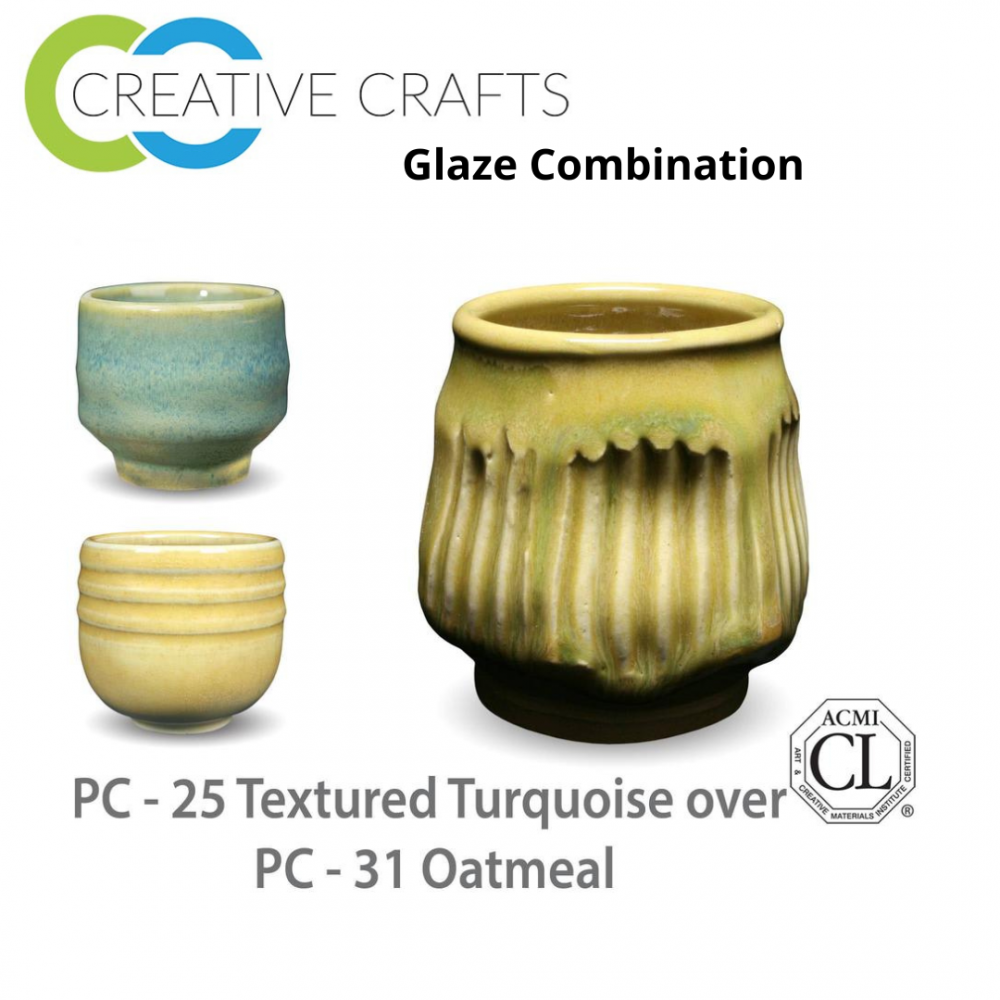 Textured Turquoise PC-25 over Oatmeal PC-31 Pottery Cone 5 Glaze Combination